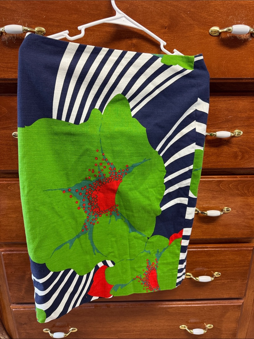 J. Crew Navy Midi Skirt with Bright Green Floral and Red Accents